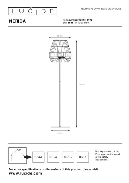 Lucide NERIDA - Stehlampe Innen/Außen - Ø 35 cm - 1xE27 - IP44 - Natürlich - TECHNISCH